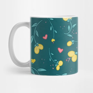 Hearts and Yellow Flowers - Floral Pattern - Hand Drawn Mug